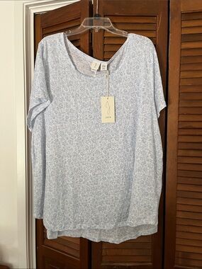 Joie Pale Blue Floral Scoop Neck Short Sleeve Top 100% linen